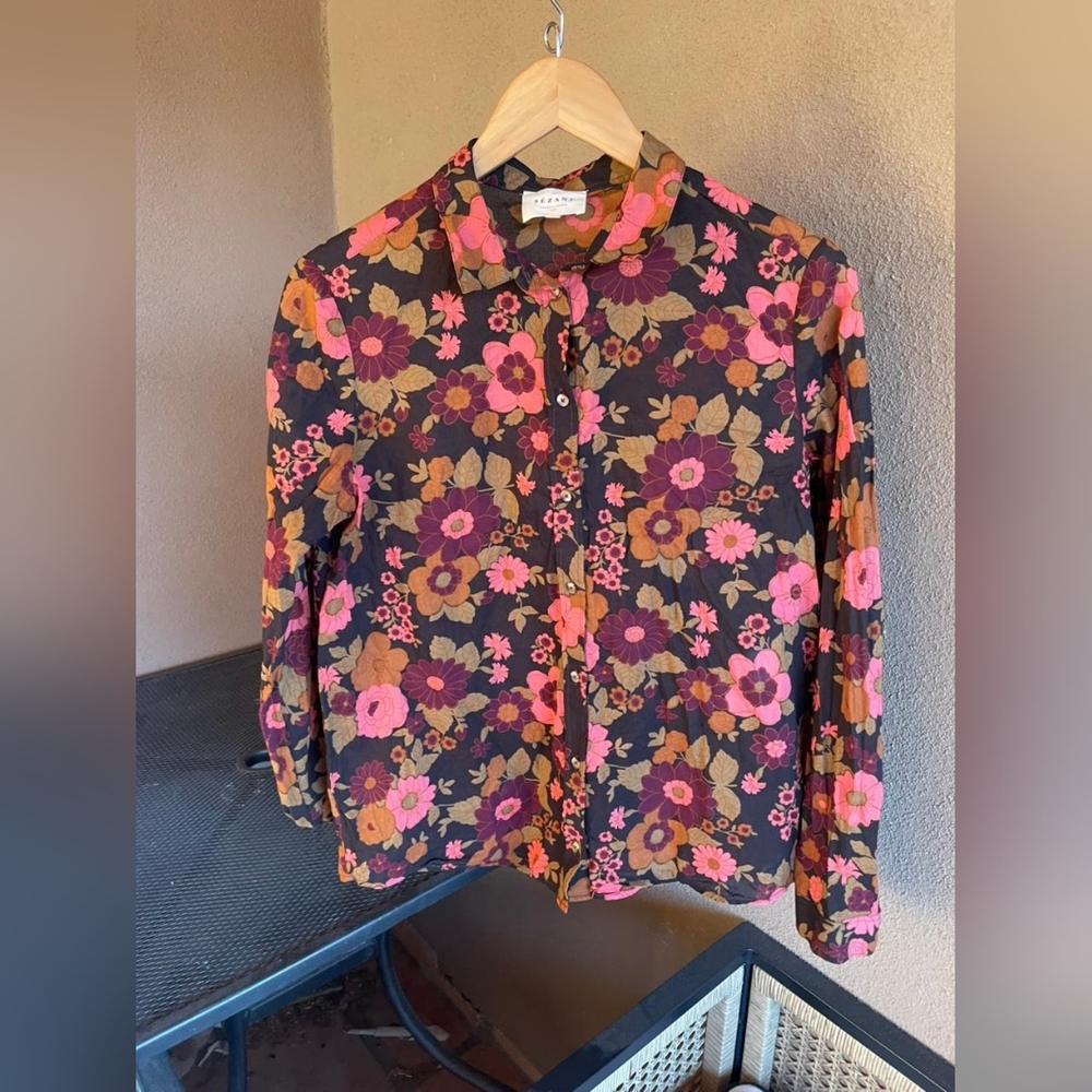 Sezane Floral Button Down Shirt - Pink and Brown 100% Cotton